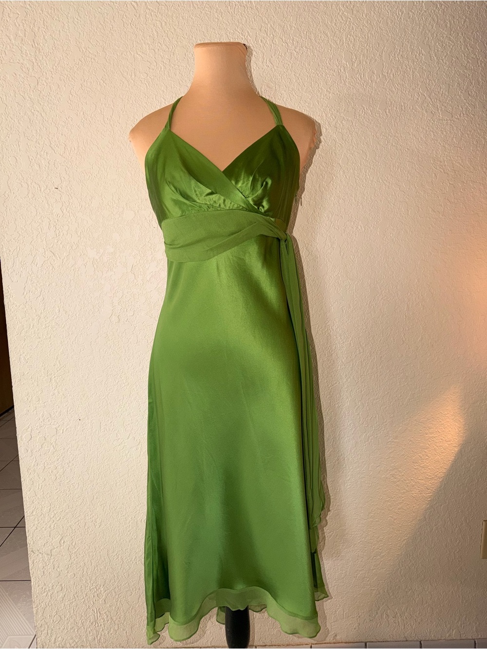 BCBGMaxAzria Silk avocado Green Halter Wrap Midi Dress